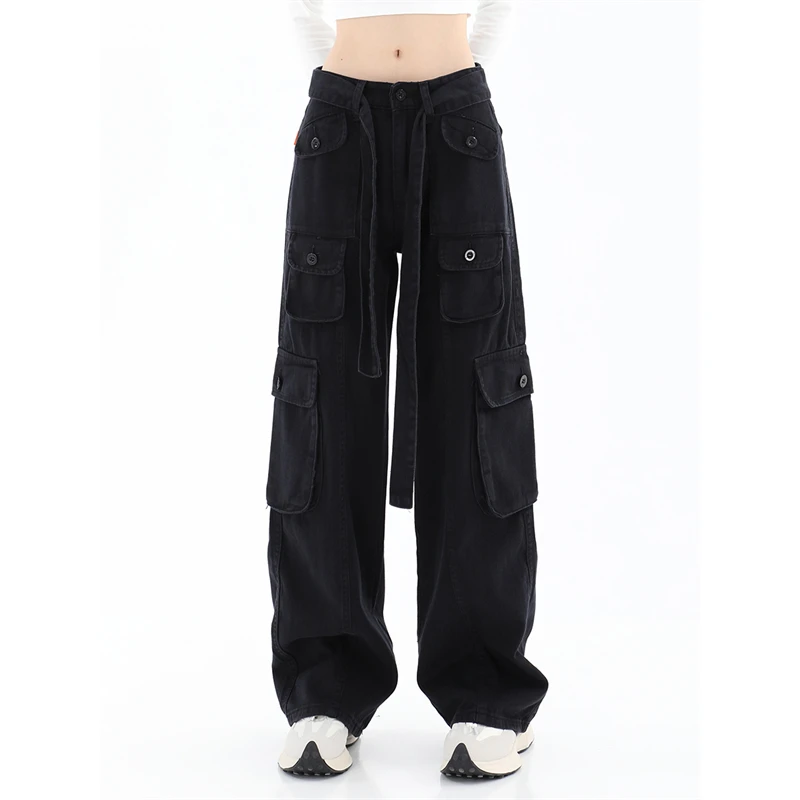 Повседневные джинсы-карго с высокой талией, винтажные черные свободные ...