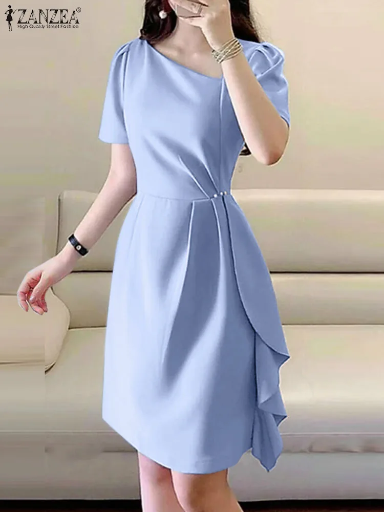 

ANZEA Women Wedding Waist Ruffled Vestido Elegant Party Mini Dress 2024 Summer Irregular Evening Dress Puff Short Sleeve Robe