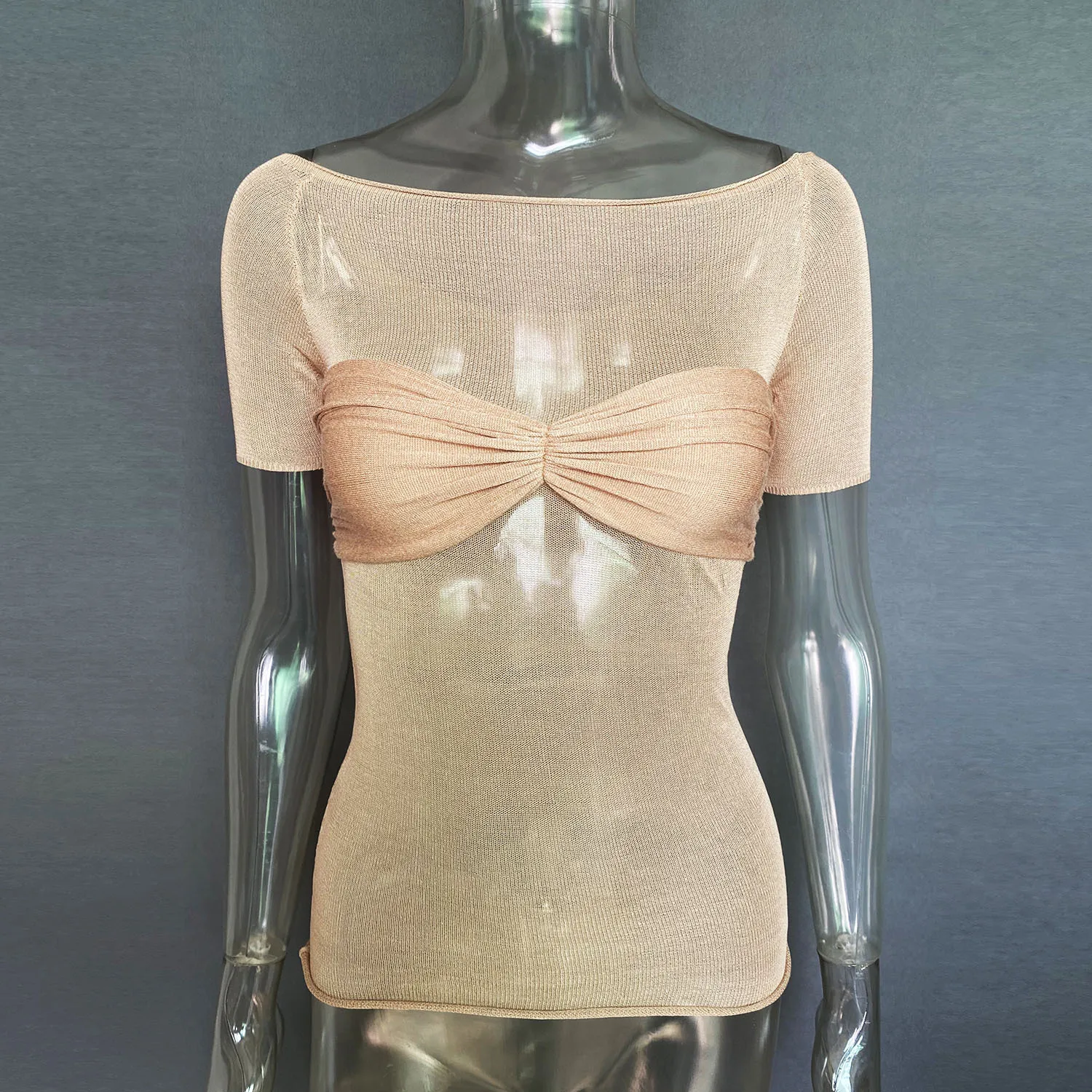 Short Sleeve Mesh Top Shirt For Women Off-Shoulder See-Through Knit Sexy Pullover Summer Sheer New 2025 Ladies T-shirt