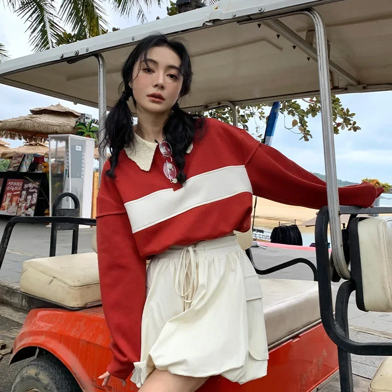 

Golf T shirt New Spring-2024 Age-Reducing Color-Blocked Wool Collar Long Sleeve Drawstring Sweatshirt Women's