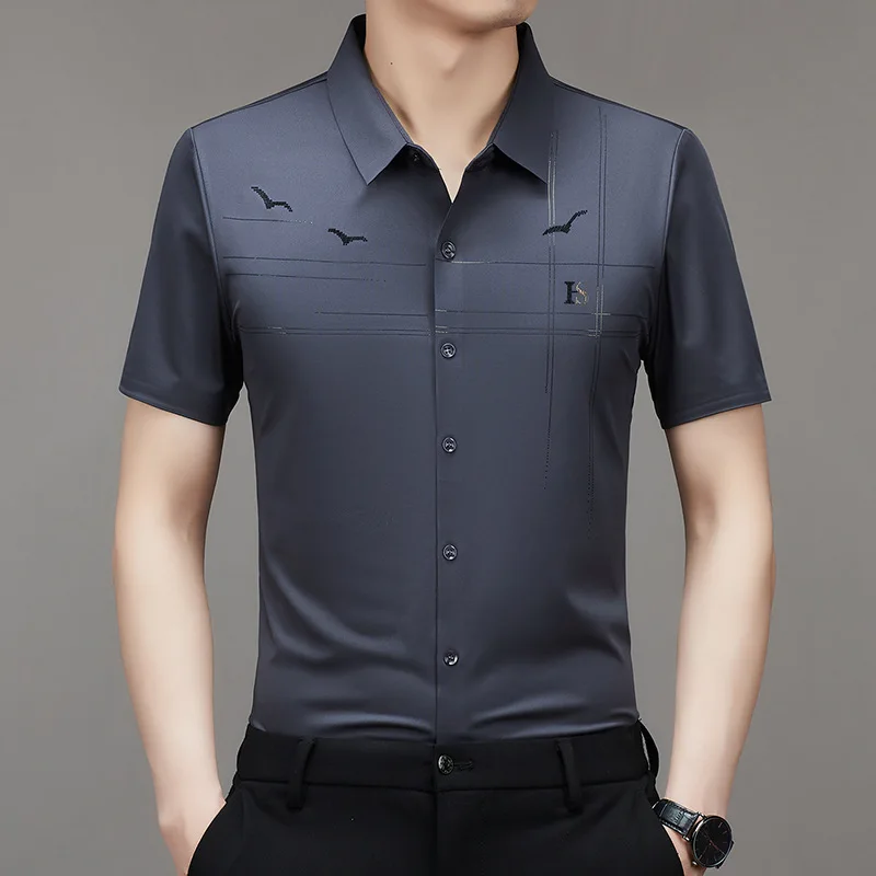 Summer Turn-down Collar Men's New Clothing Short Sleeve Shirt Middle-aged Thin Seamless Loose Fitting Fashion Business Tops