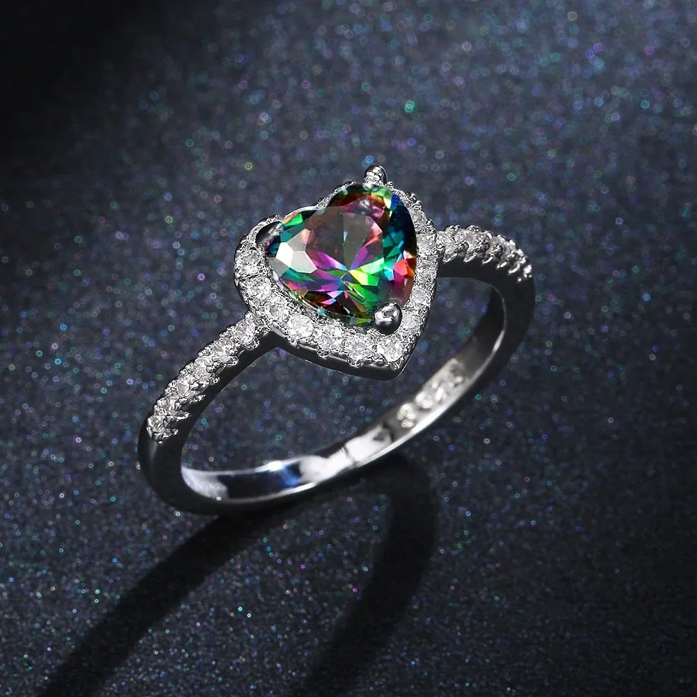 2025 New European and American Colorful Zirconia Heart Ring Women's Personalized Love Fashion Jewelry Accessories Wholesale
