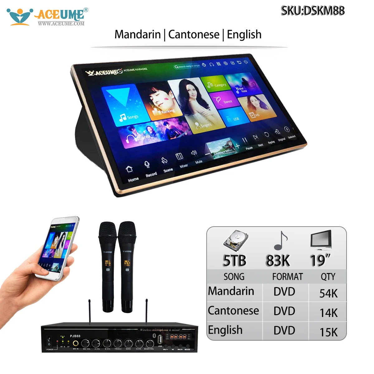 DSKM88-5TB HDD 83K Chinese Mandarin Cantonese English Songs 19" Desktop Touch Screen Karaoke Player Free MIC Include