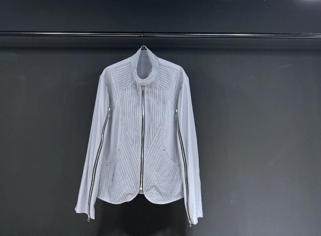 

SuperAen Autumn and Winter New Thin Coat Top Casual Blue Gray Pleated Long Sleeved Shirt Stand Collar Original Design Shirts