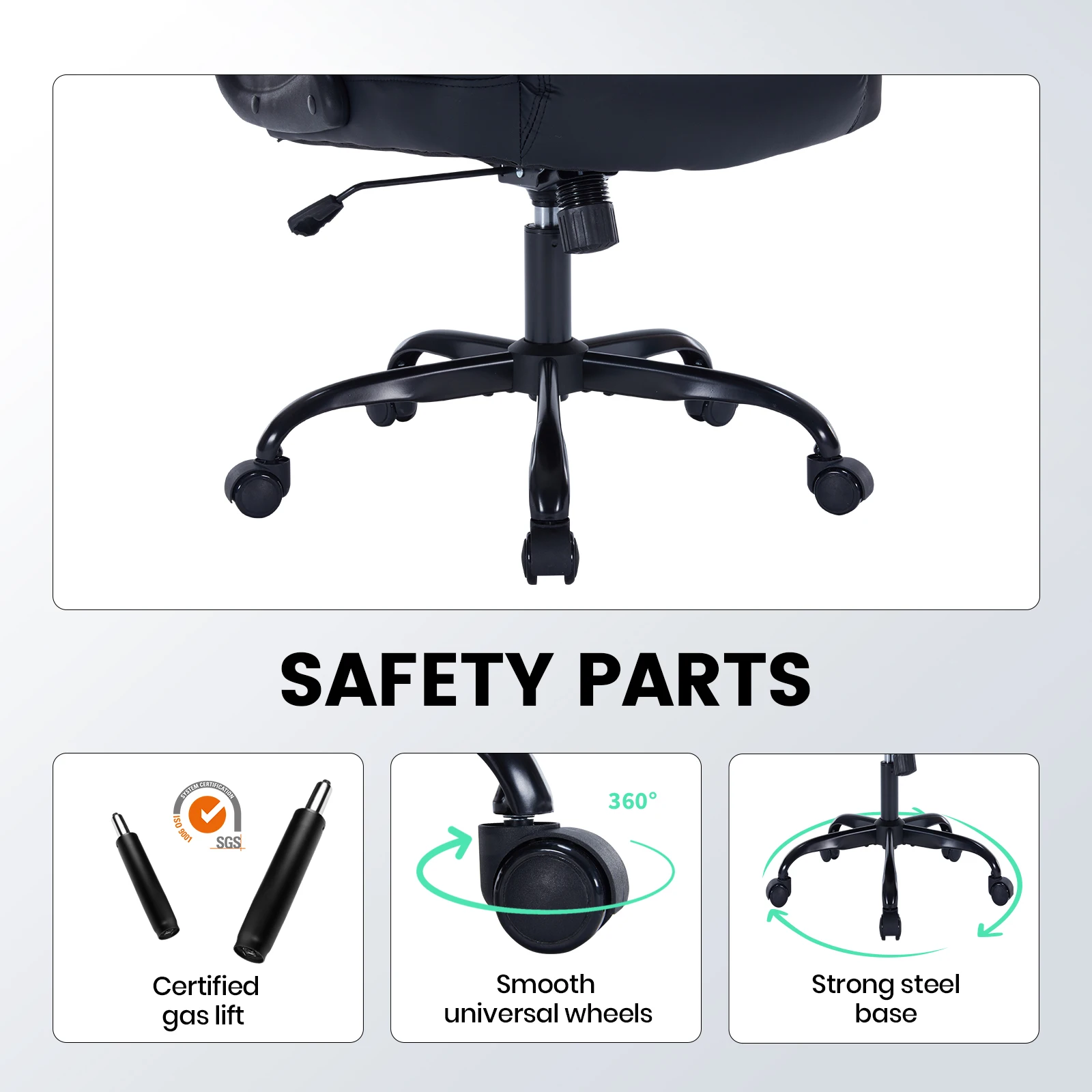 Robuster Leder-Chefsessel Ergonomischer Bürostuhl mit Lendenwirbelstütze, Hochklappbaren Armlehnen, Neigungsfunktion & Lenkrollen – Detail 6