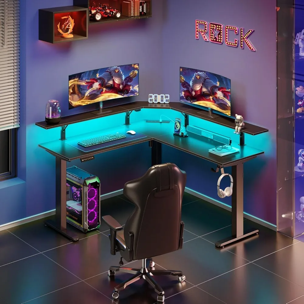 Standing Desk L Shaped with LED Light and Power Outlet, Electric Height Adjustable Desk with Monitor Stand, Sit Stand Up Desk 2