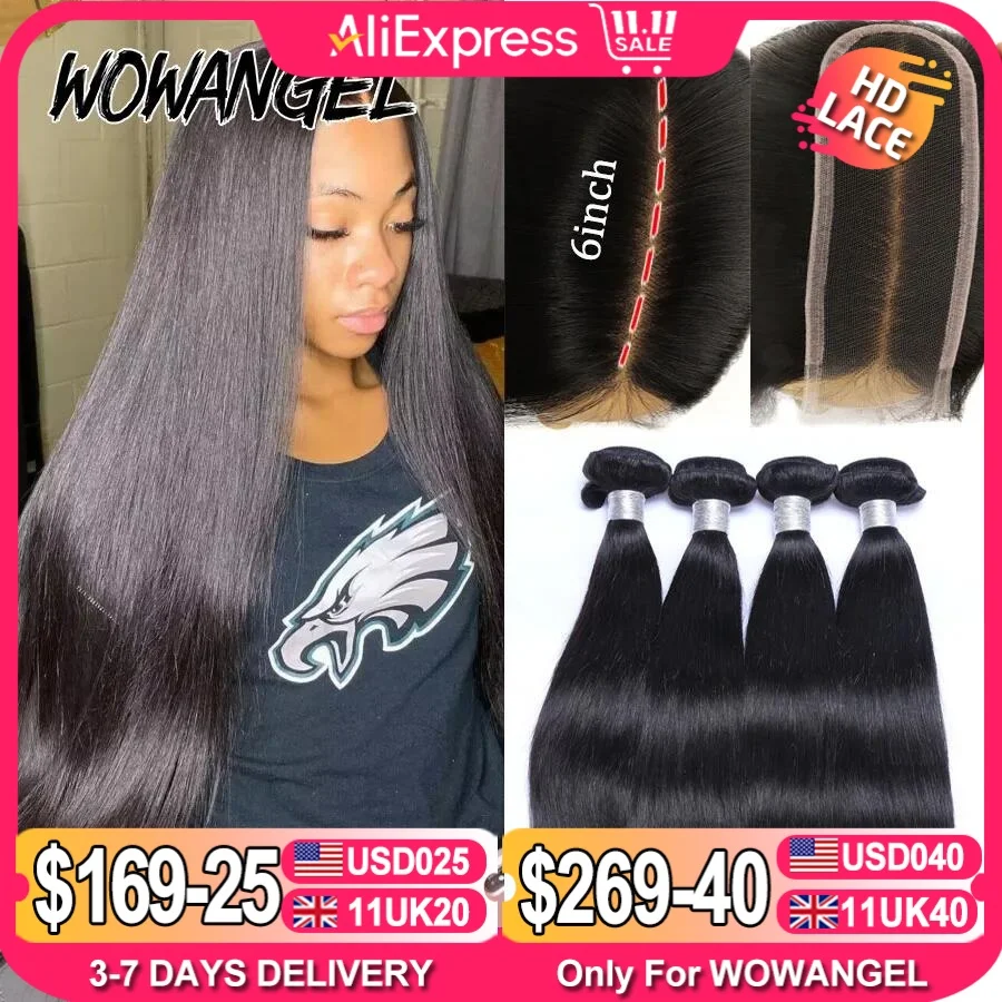 Human Hair Bundles 2x6 HD Lace Closure with Bundles Human Hair Deep Parting Melt Skins 30 32inch Brazilian Straight Hair Extensions