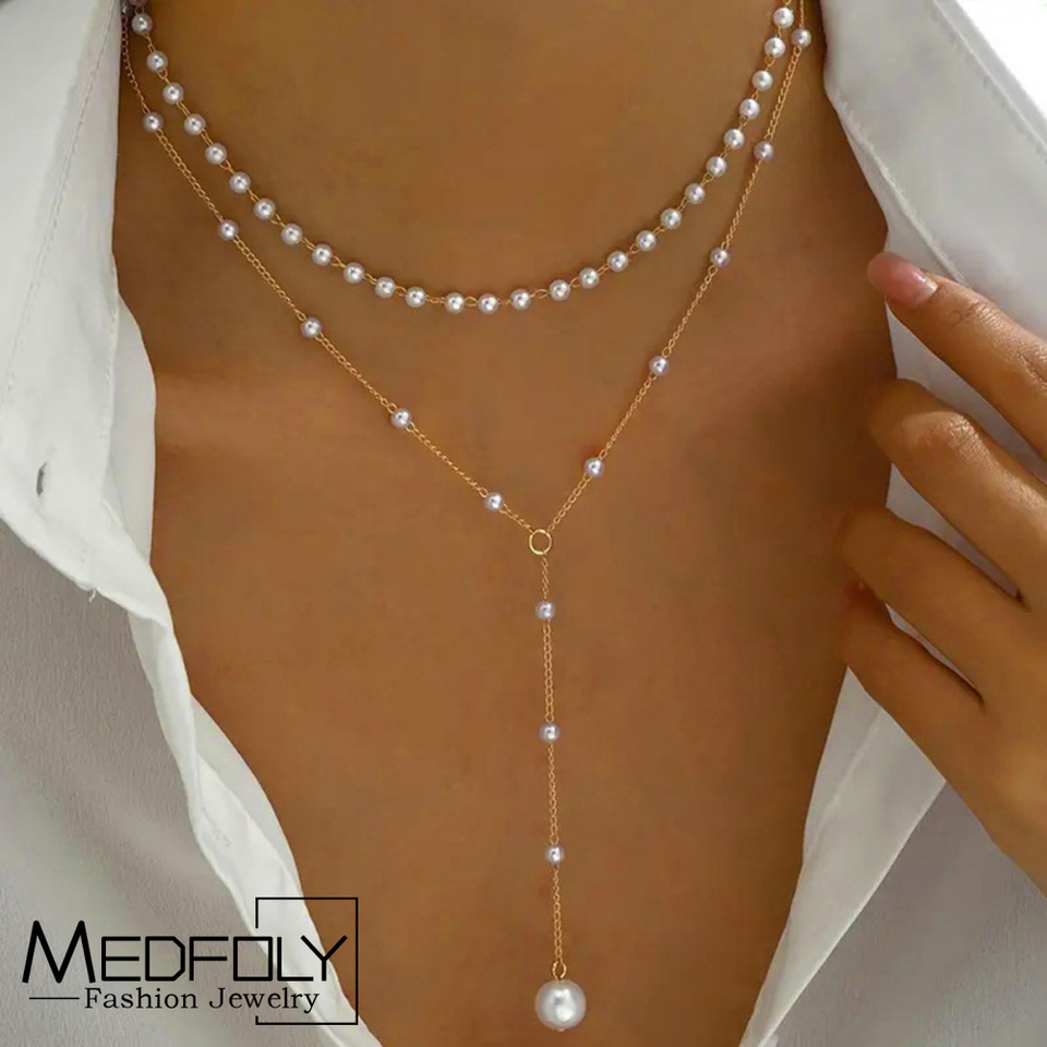 MEDFOLY Layered Necklace for Women Gold Pearl Cross Anti-allergy Long Lariat Y-shape Neck Chain Exquisite Summer Jewelry Gift