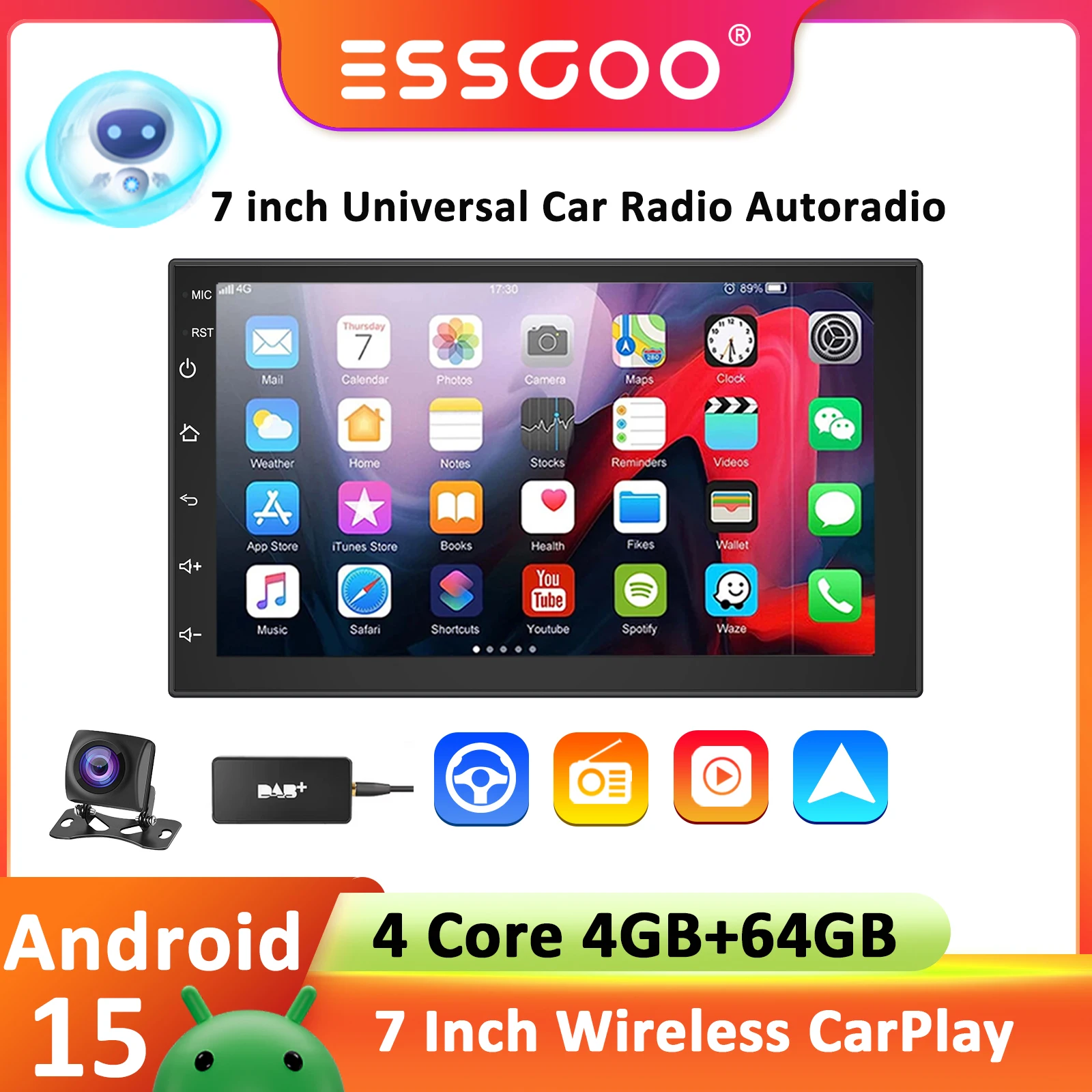 ESSGOO Radio de Coche Universal Android 15 de 7 Pulgadas, 4G 64G, Carplay Inalámbrico, Autoradio 2 Din, Estéreo para Coche, GPS, BT, Sistema Multimedia Central Inteligente 1