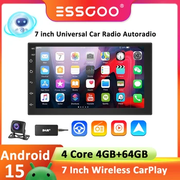 ESSGOO Radio de Coche Universal Android 15 de 7 Pulgadas, 4G 64G, Carplay Inalámbrico, Autoradio 2 Din, Estéreo para Coche, GPS, BT, Sistema Multimedia Central Inteligente 1