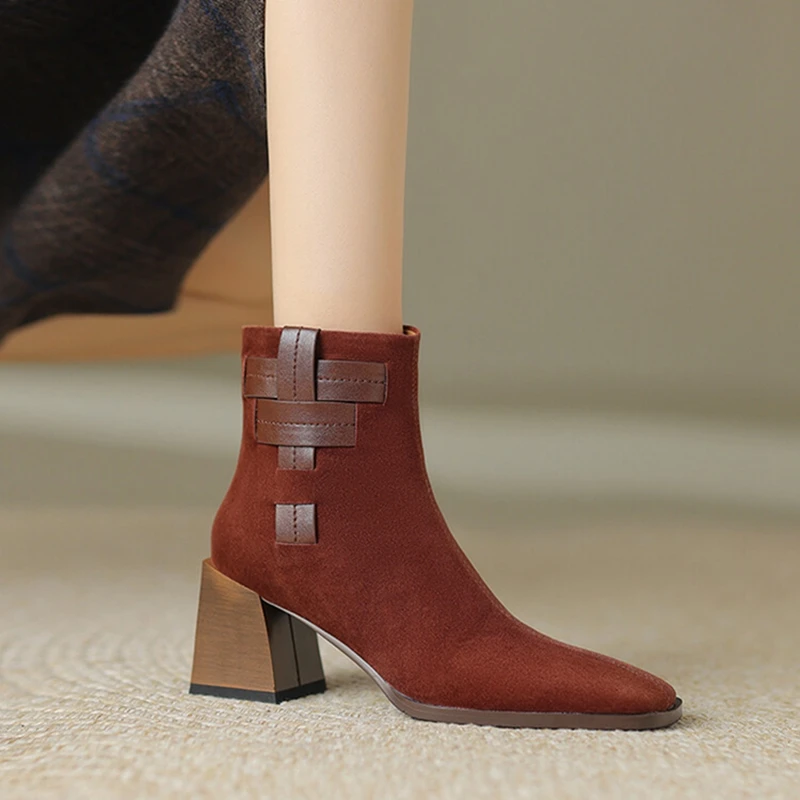 

NEW Autumn Women Boots Sheep Suede Leather Shoes for Women Square Toe Ankle Boots Chunky Heel Shoes Winter Mature Modern Boots