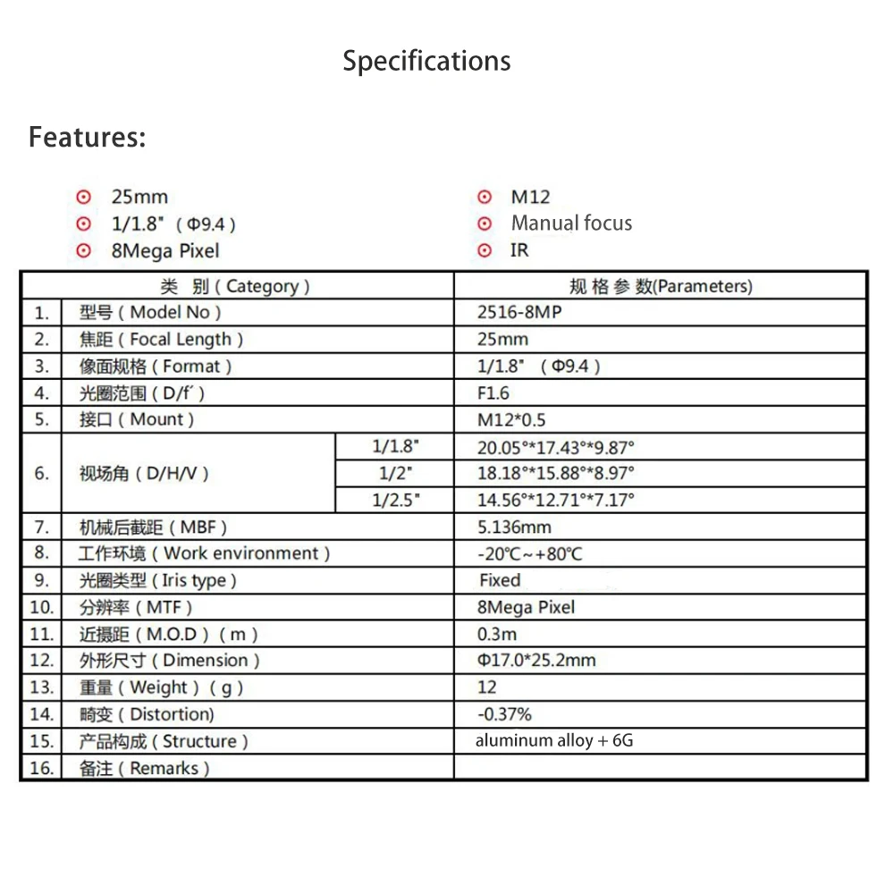 Camera Lens HD 4K 8MP CCTV lens 25MM M12 Mount Low Distortion Aperture F1.6 Format 1/1.8" 650nm IR filter for Action Camera