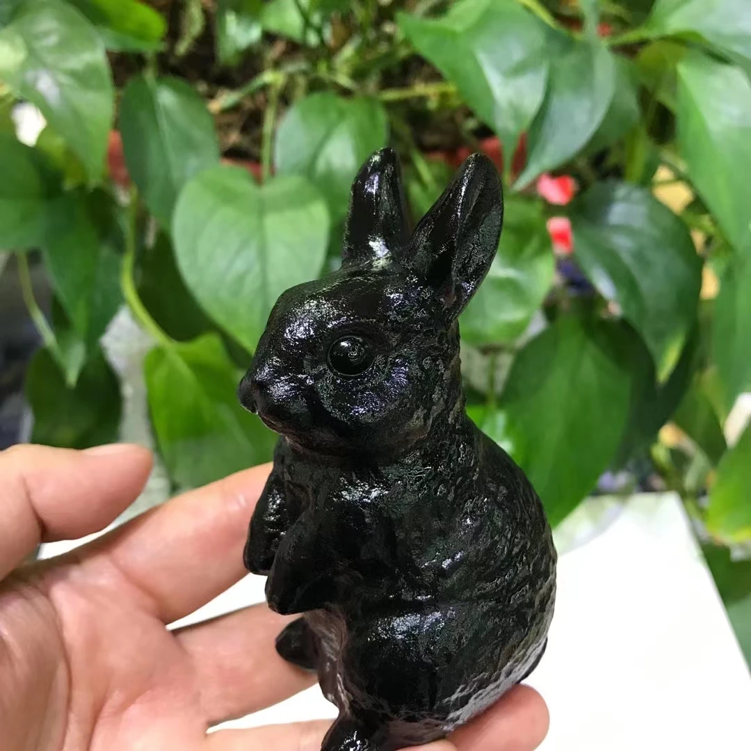 

100mm 1pc Natural Obsidian Rabbit Figurine Crystals Carved Statue Animal Home Ornament Art Collectible Gift decoration