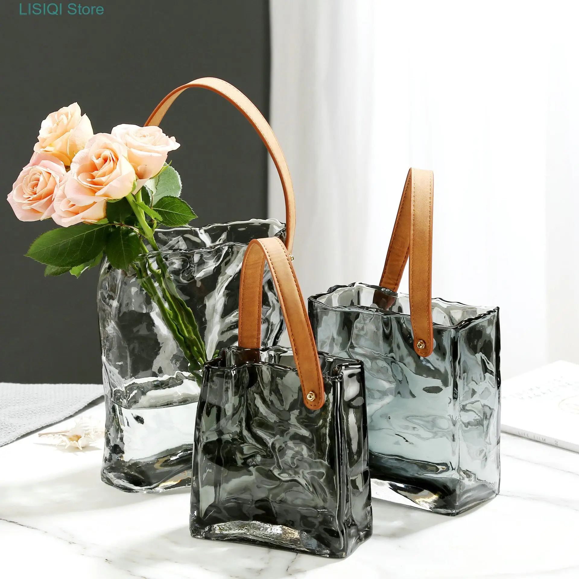 

New Glass Vase Transparent Tote Bag Shape Wrinkled Irregular Texture Flower Vase Hydroponics Accessories Terrarium Decoration