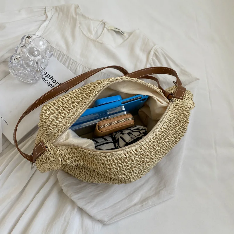 Borsa di paglia da donna, piccola borsa a tracolla estiva da