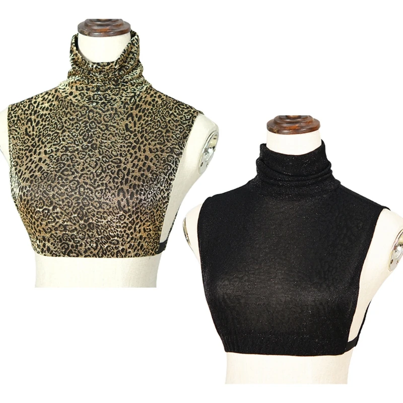 

Women Autumn Turtleneck Detachable Half Shirt Crop Top Vintage Leopard Print Fal