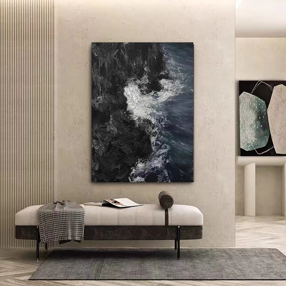 

Abstract Thick Texture Acrylic Canvas Paintings Landscape Wall Decor Picture Art 100% Hand-painted Black Sea Wave Oil Painting