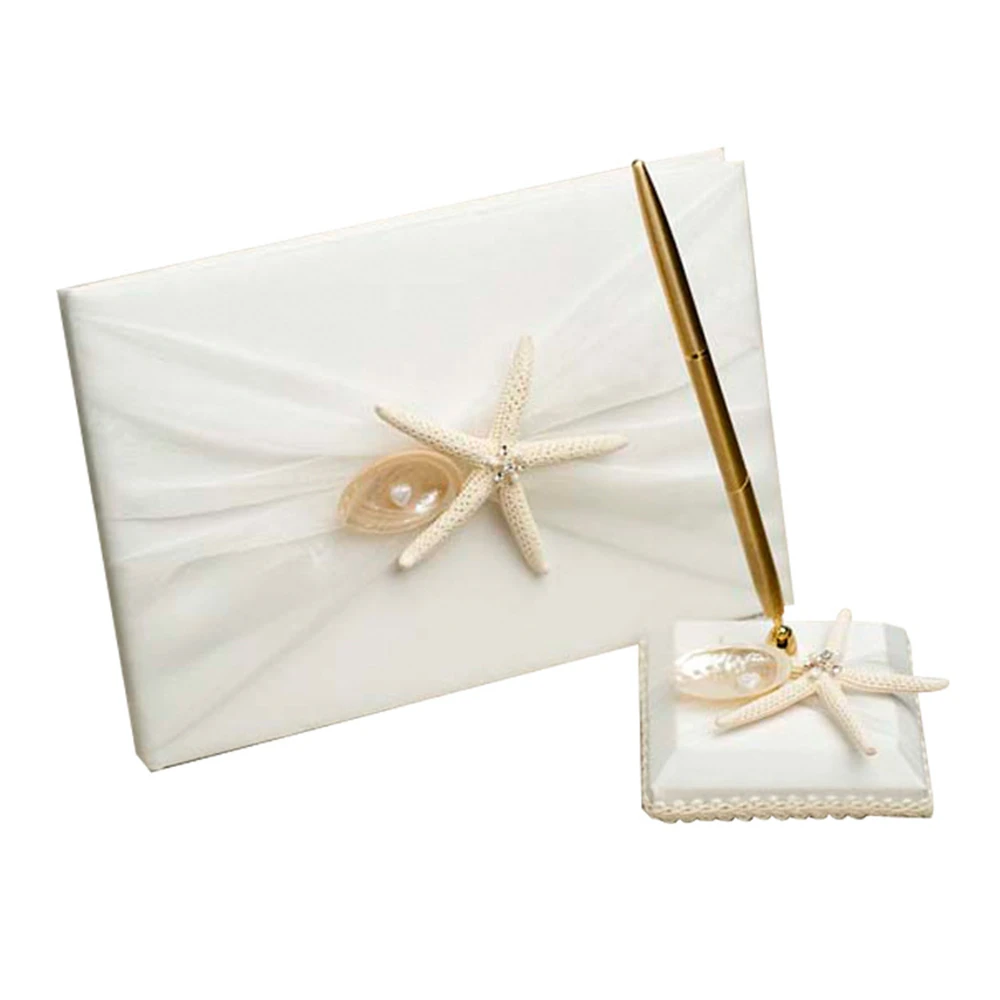 Beach Themed Guest Book and Pen Set with Sea Star and Seashell Wedding Decorations