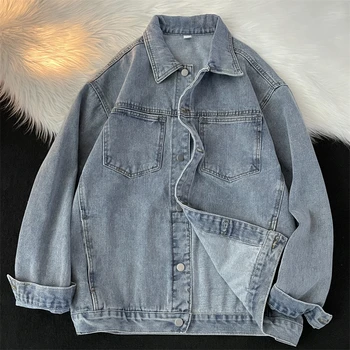American High Street Fashion Solid Denim Jacket Men Spring Autumn New Korean Blue Loose Tops Retro Long Sleeve Lapel Coat 1