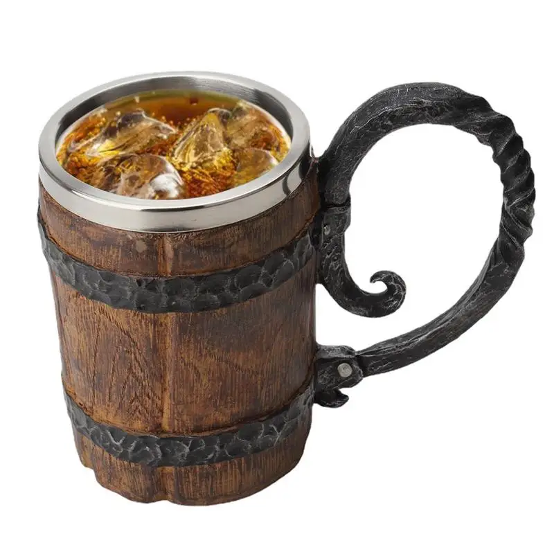 

Stainless Steel Beer Mug With Handle 550ml Leak-proof Viking Drinking Wooden Barrel Cup For Whiskey Coffee Kitchen Supplies