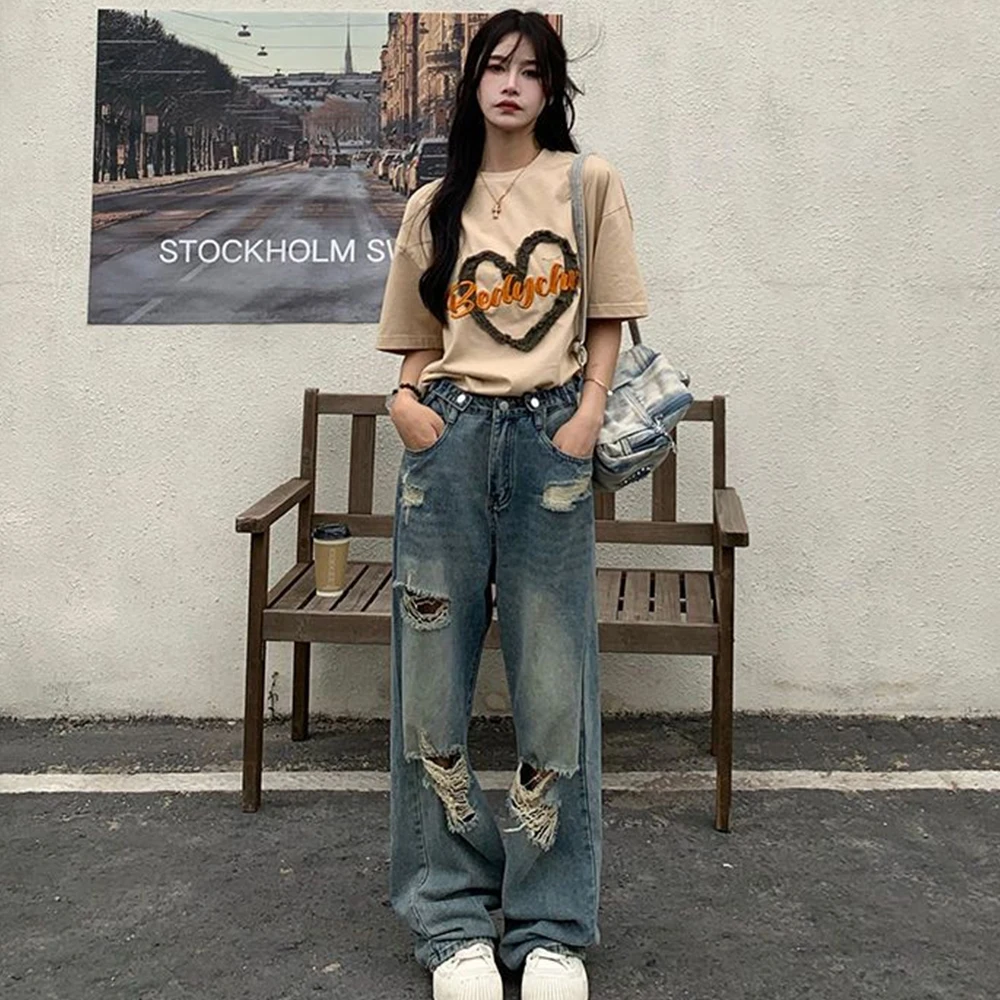 American Retro Hole-punched Jeans Women High Waist Straight-crotch Loose Slim Design High-street Vibe Wide-legged Dragging Pants 5