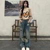American Retro Hole-punched Jeans Women High Waist Straight-crotch Loose Slim Design High-street Vibe Wide-legged Dragging Pants 5