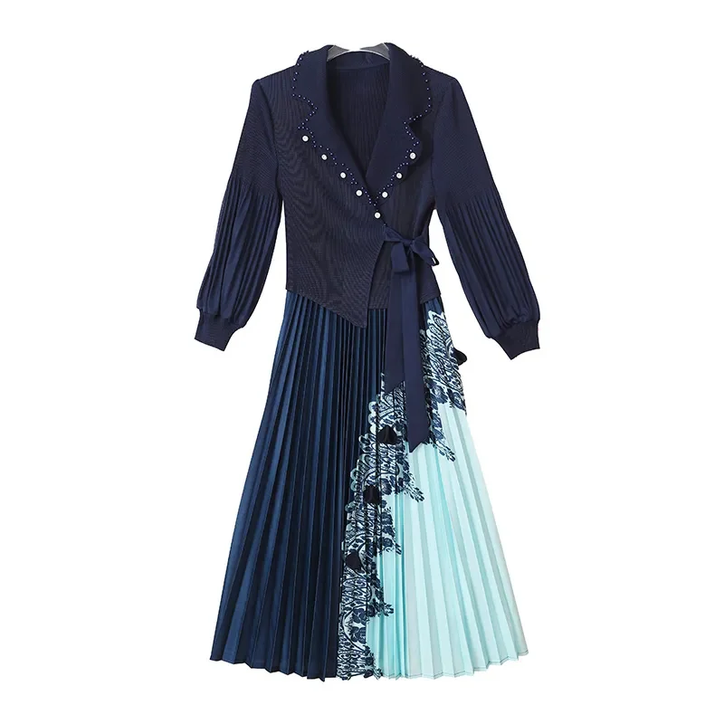 Summer Dress Elastic 2024 New Pleated Long Dress Young Mother's Temperament Is Slim And Gentle skirt Notched Collar Dress Black