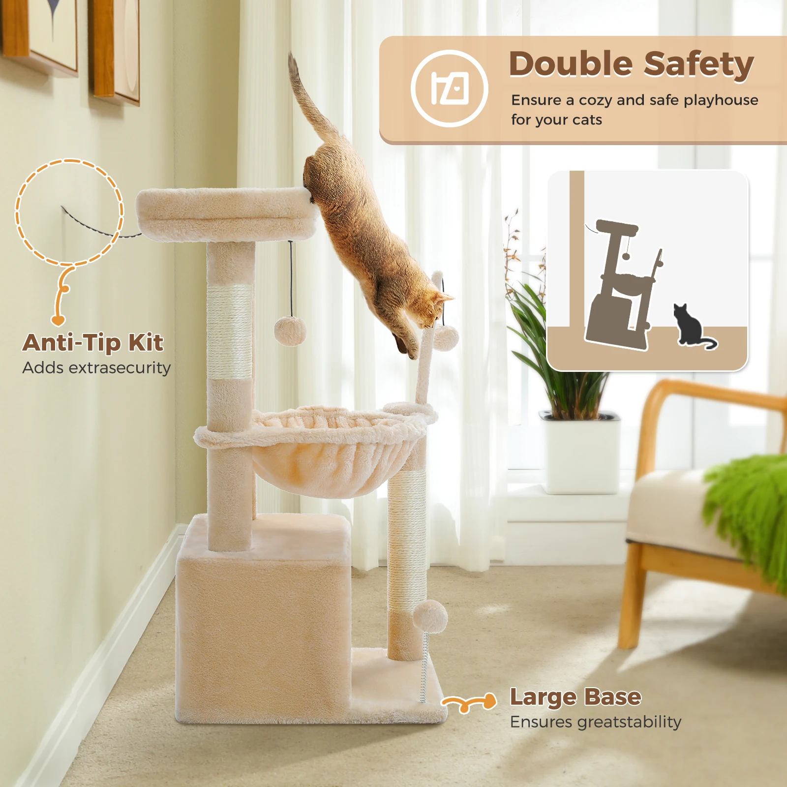 Árvore Para Gatos Globlazer 132cm - 3 Casinhas E Arranhador Sisal Para Múltiplos Gatos