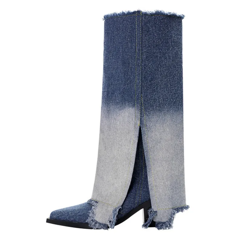 

Fashion Fringe Denim Women High Knee Boots Pointed Toe Crude Heel Large Size Shoes Mid Heel Slip-on Cowgirl Boots Trend 2023