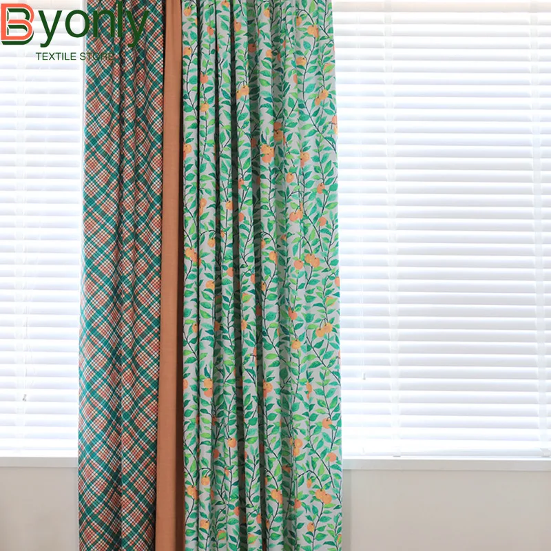 

Curtains for Living Dining Room Bedroom New Printed American Modern Light Luxury Plaid Splicing