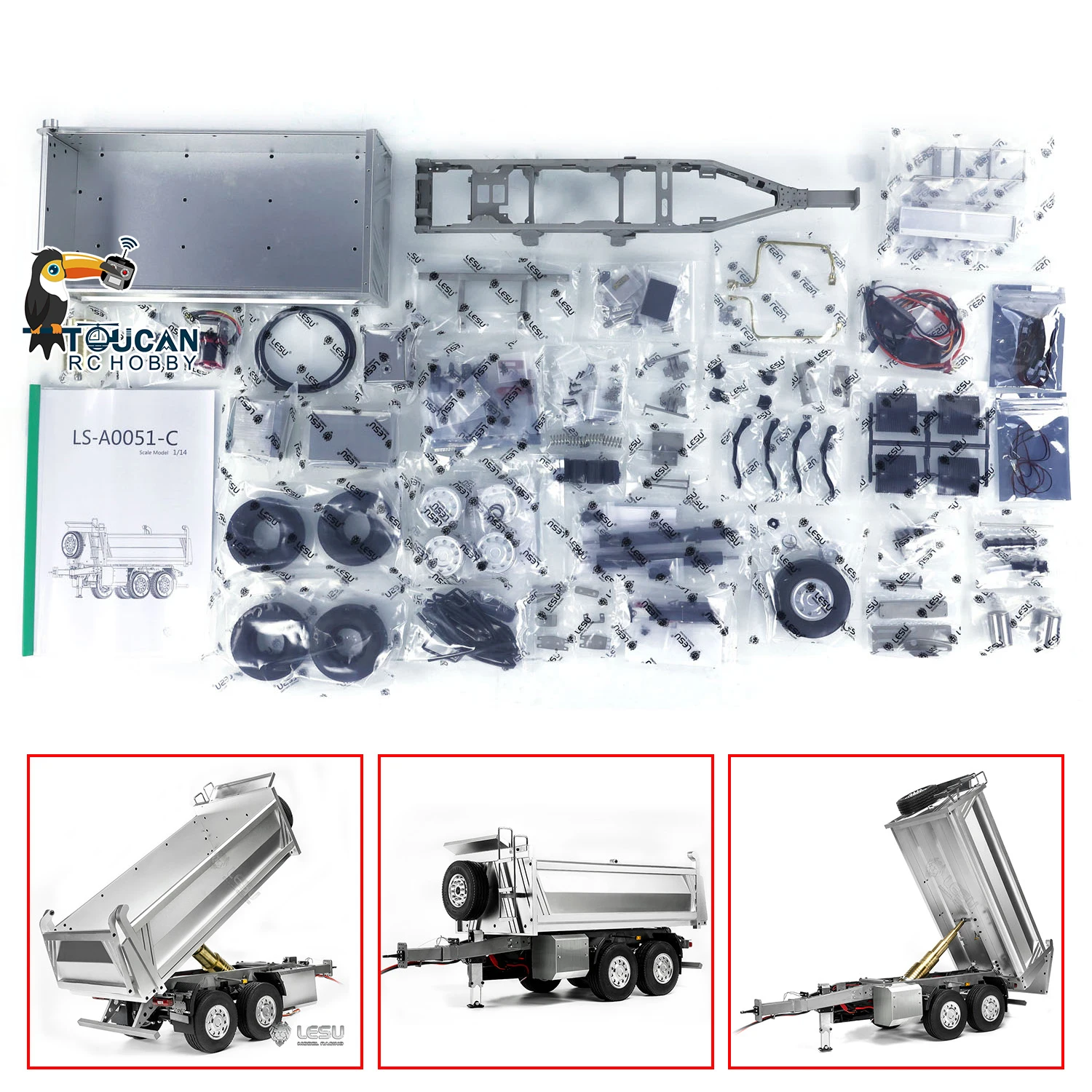 LESU 1/14 Self-dumping Full Trailer Metal 2 Axles Unpainted Trailers Model Parts For Remote Control Hydraulic Tractor Dump Truck 3