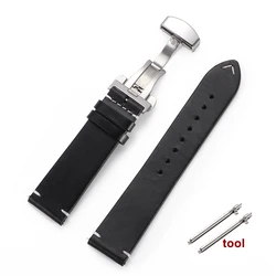 Vintage Oil Wax Genuine Leather Watchband with Quick Release Butterfly Buckle - 22mm (Black)