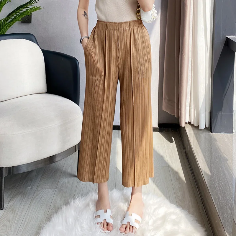 ALSEY 미야케 플리츠 여성용 얇은 섹션 캐주얼 와이드 레그 팬츠, 슬림 하이 웨이스트 드레이핑 스트레이트 래디시 하렘 팬츠, 여름 신상
