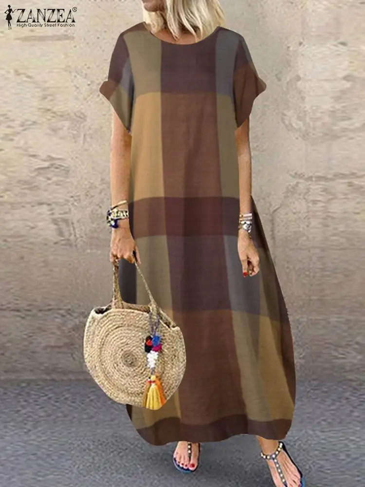 

ZANZEA Fashion Holiday Party Vestido Bohemian Plaid Checked Sundress Summer Short Sleeve Long Dress Femme Casual Loose Robe 2023