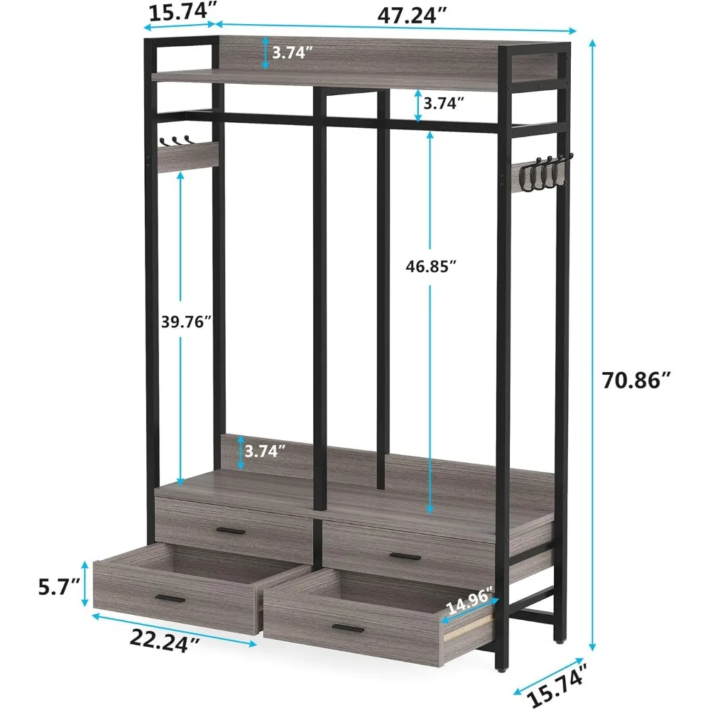 Freestanding Closet Organizer for Hanging Clothes, Heavy Duty Garment Rack with 4 Drawers, 8 Hooks and Storage Shelves, Wardrob 6