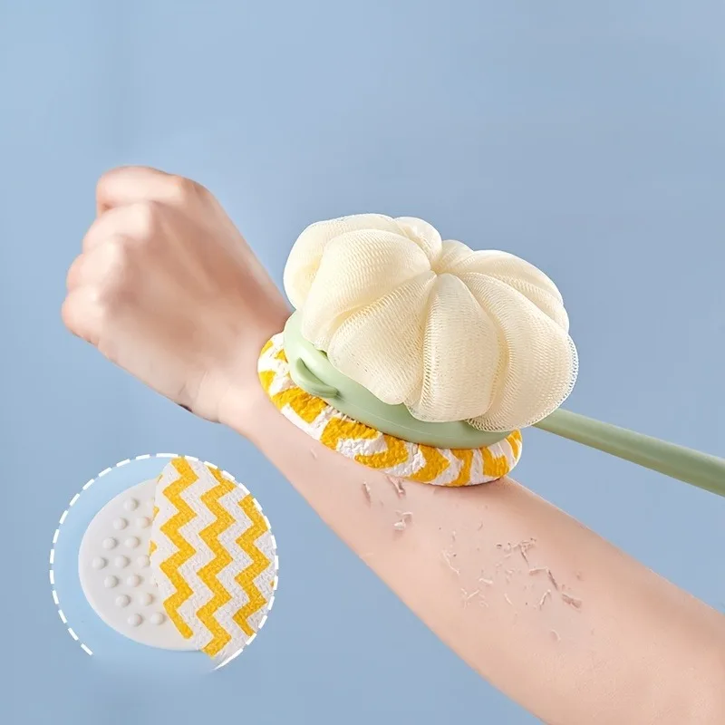 1 spazzola per il corpo con setole e luffa, spazzola per la schiena con manico lungo curvo, per l'esfoliazione della pelle durante il bagno. Accessorio per il bagno. - immagine 4