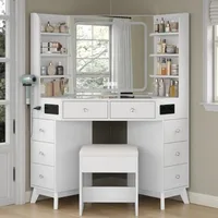 Corner Vanity Desk with Speaker 8 Drawers and 6 Shelves Modern Vanity with Mirror and Lights Makeup Vanity with Glass Top 3 Col