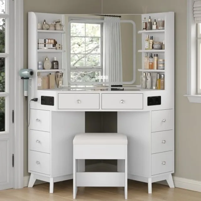 Corner Vanity Desk with Speaker 8 Drawers and 6 Shelves Modern Vanity with Mirror and Lights Makeup Vanity with Glass Top 3 Col