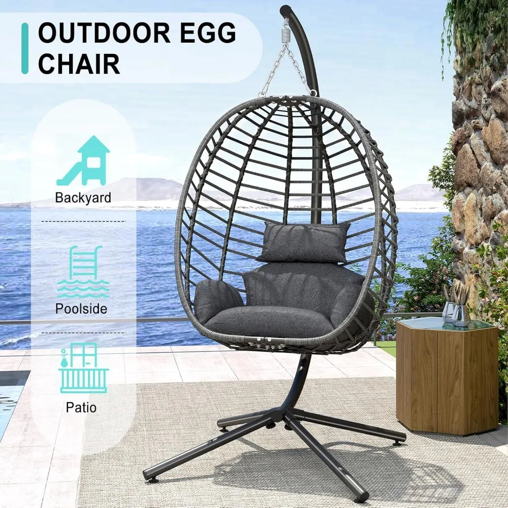 Egg Swing Chair with Stand, Outdoor Hanging Egg Chair with Stand, Indoor Eggs Chair with Cushion, Patio Wicker Swing Eggs 4