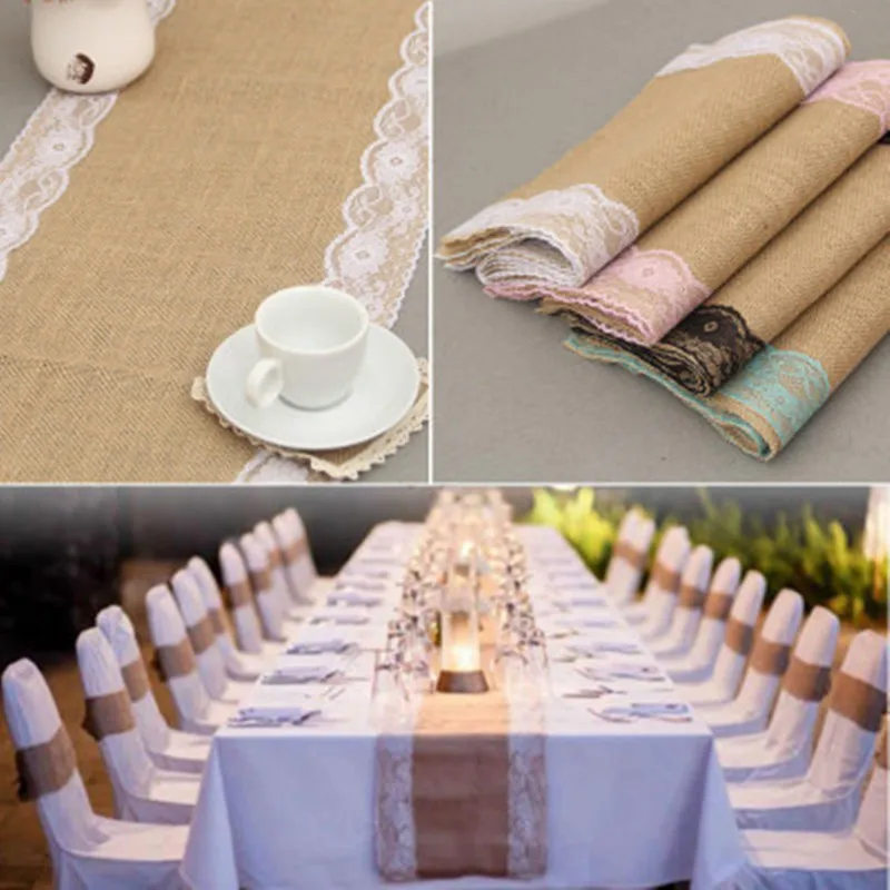 

7Pcs/Lot Vintage Burlap Lace Hessian Table Runner Classical Natural Jute Country Party Wedding Decoration 12x108" Table Cloth