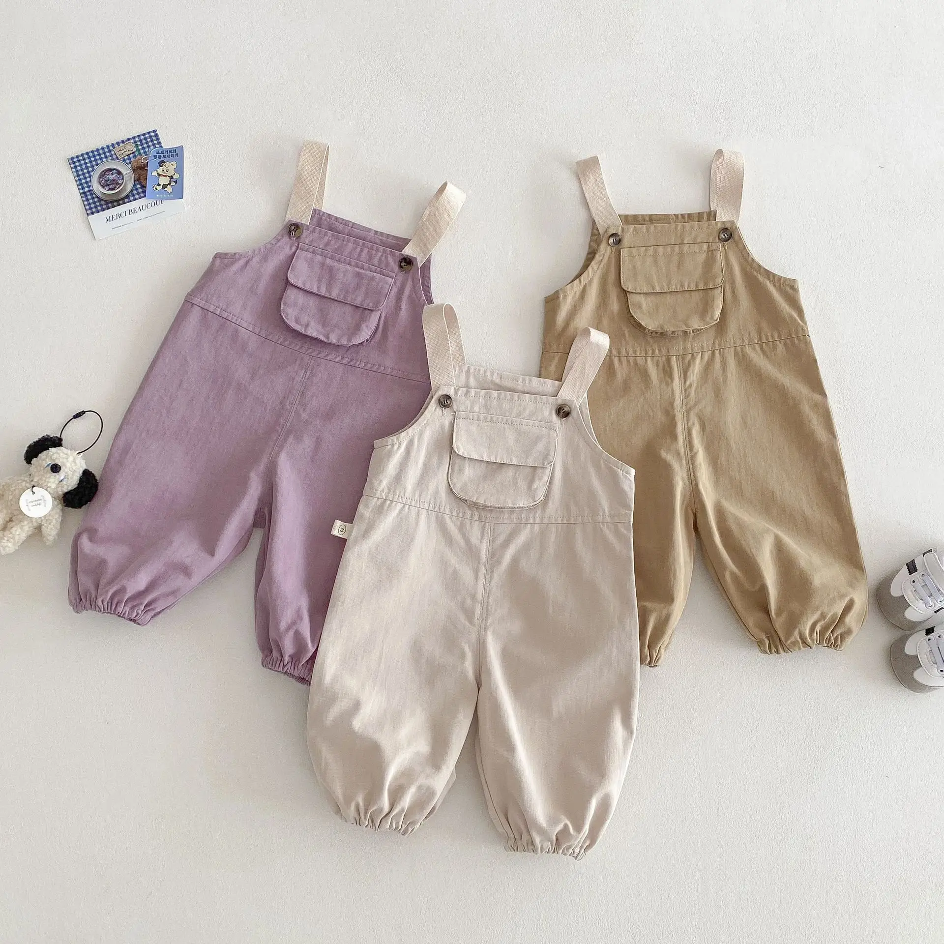 2025 New Kids Overalls 0-5Years Childrn Boy Girl Solid Color Pocket Jumpsuit Cargo Suspender Pant Fashion Bottom Spring Clothes