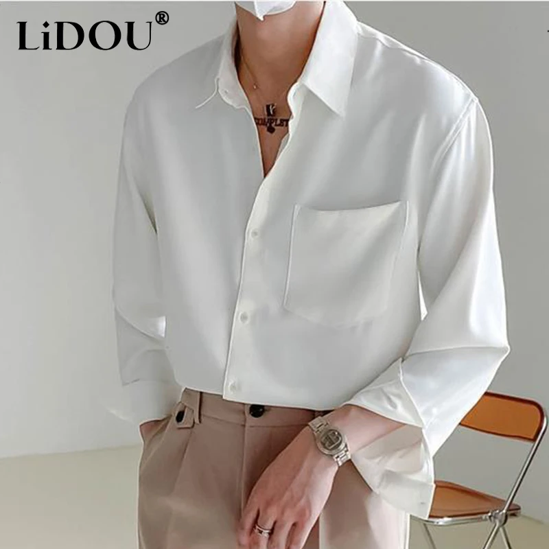 

Spring Autumn Trendy Fashion High-end Male Blouse Long Sleeve Simple Casual Chic Shirt Loose Drape Solid Color All Match Top Men