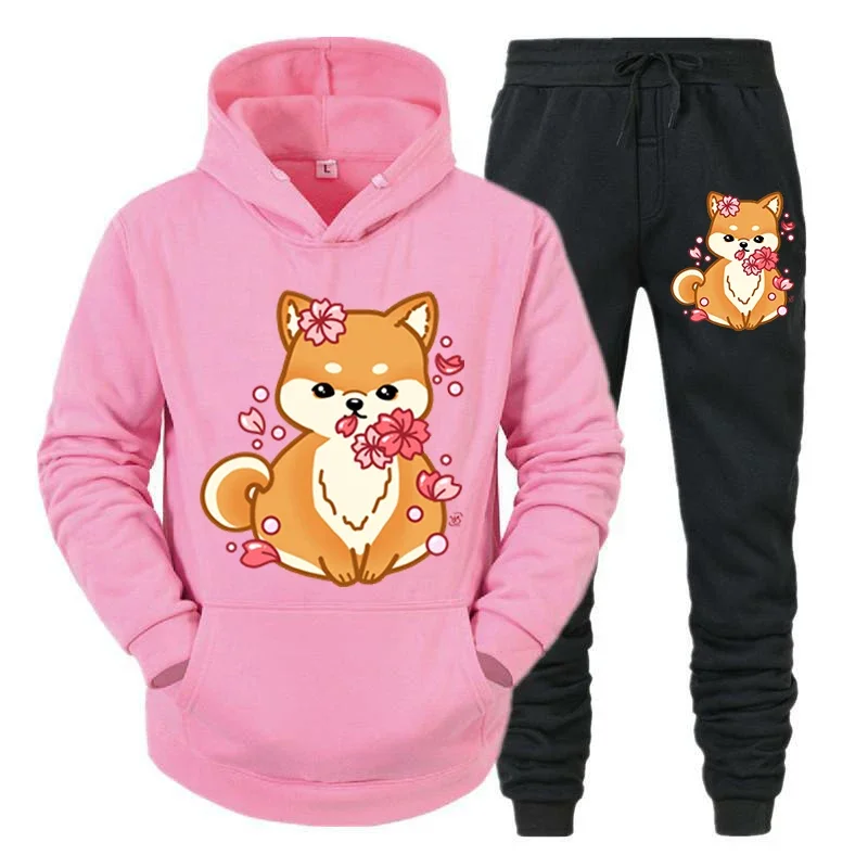 thumbnail image 1 of Conjunto de 2 piezas con estampado de anime Shiba Inu para hombre, sudadera con capucha y pantalones divertidos para amantes de los perros, ropa deportiva de moda de manga larga para otoño, 1 of 5
