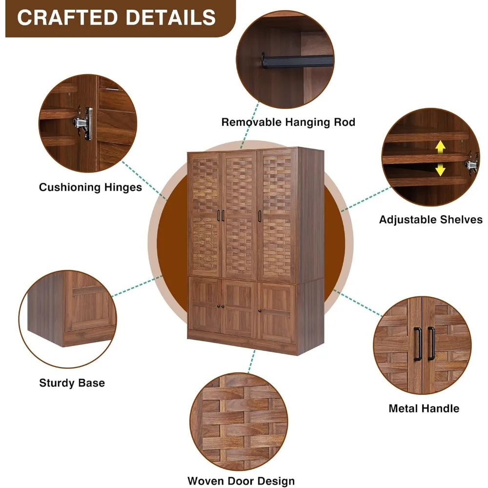 Wardrobe Closet with 6 Woven Doors, Walnut Armoire Wardrobe Cabinet for High Storage Capacity with Hanging Children's Wardrobes 4