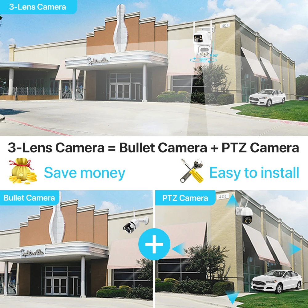 자동 추적 야외 PTZ 카메라, 비디오 감시, iCSee, 8X 줌, 3 렌즈 보안 카메라, 9MP, 6K HD WIFI IP 카메라, 6MP, 4MP