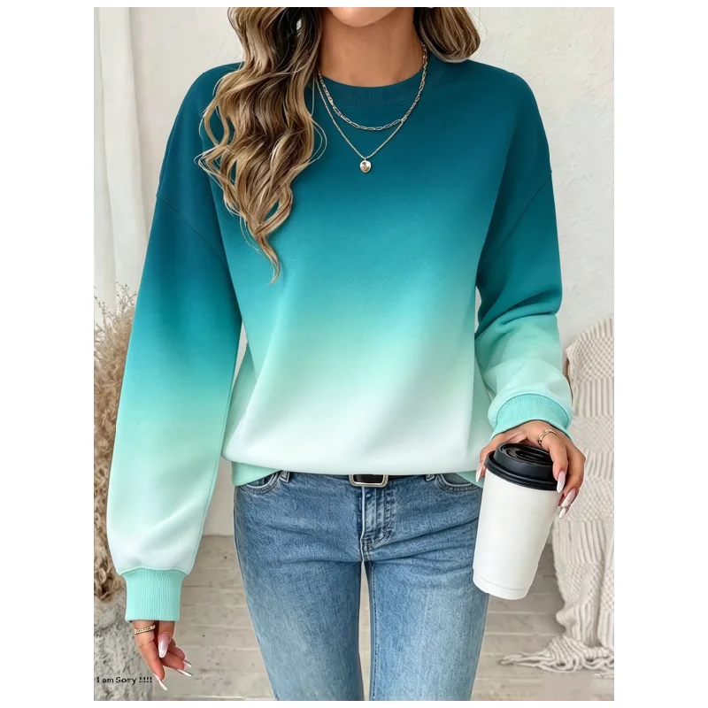 Fashion Gradient Color Personalized Print Pullover Tops Women's Autumn And Winter Long Sleeved Round Neck Warm Casual Sweatshirt