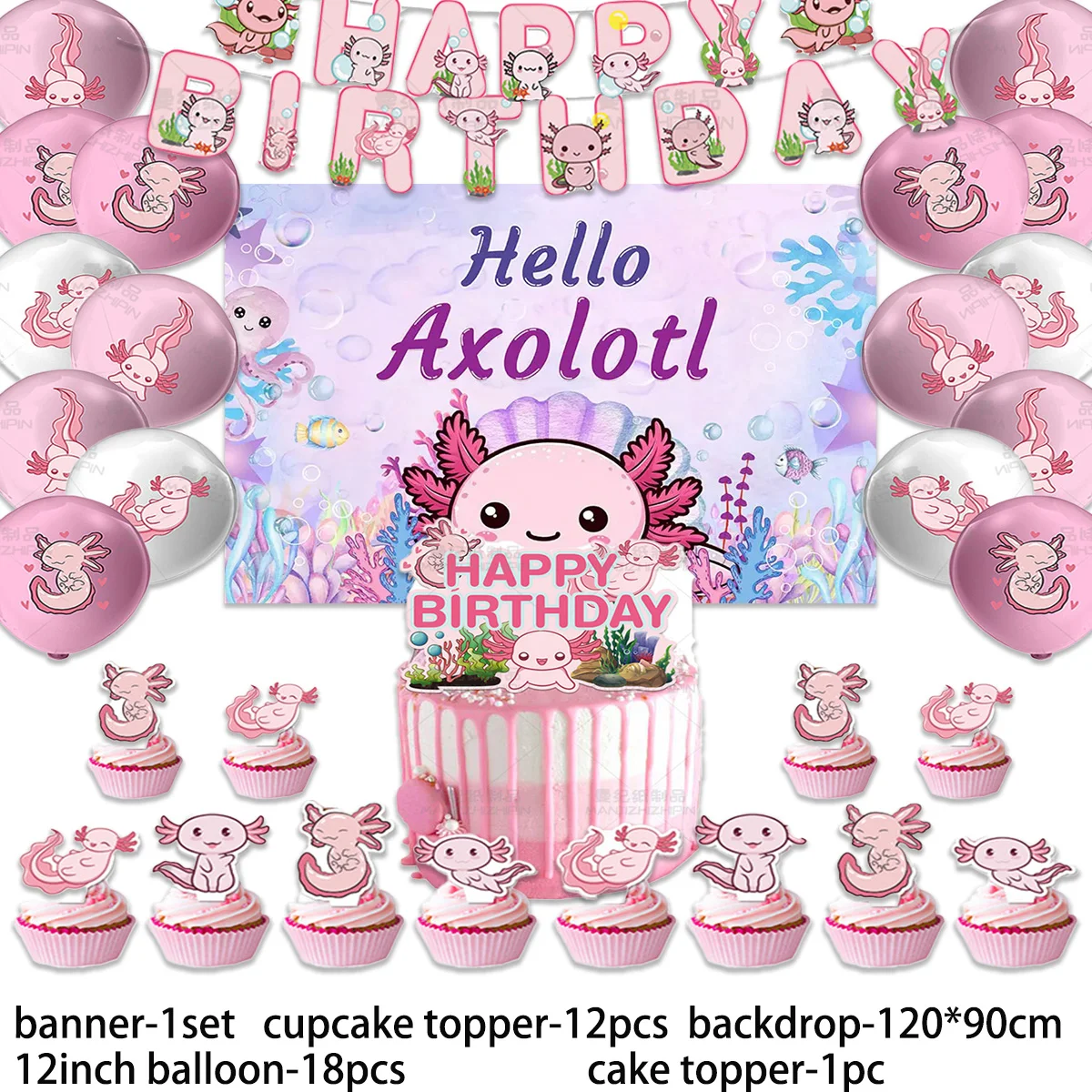 Description Picture 4 of itemCute Pink Axolotl Theme Birthday Party Supplies Decor Underwater Animal Balloon Banner Backdrop Cake Topper Kid Baby Shower Gift