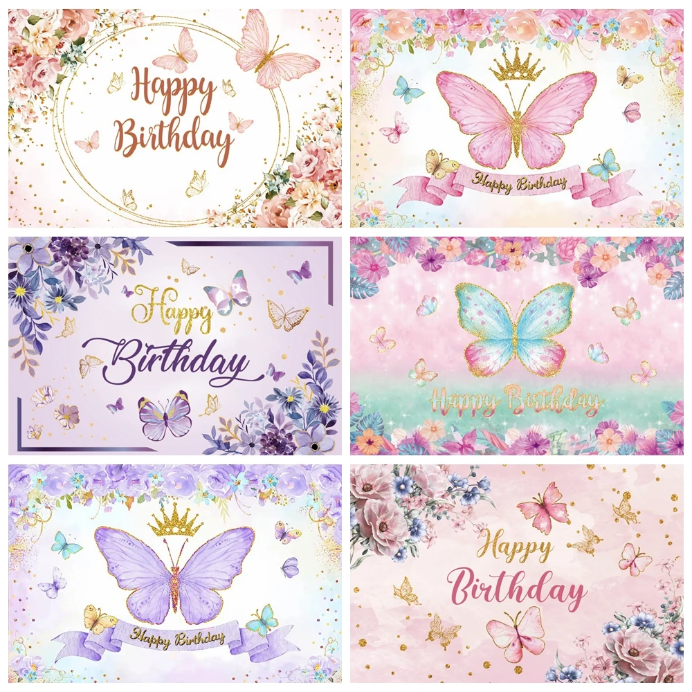 Cartoon Butterfly Backdrop Photography Girl First Birthday Party Flower Gold Dots Baby Shower Photo Background Photo Studio photo backdrop