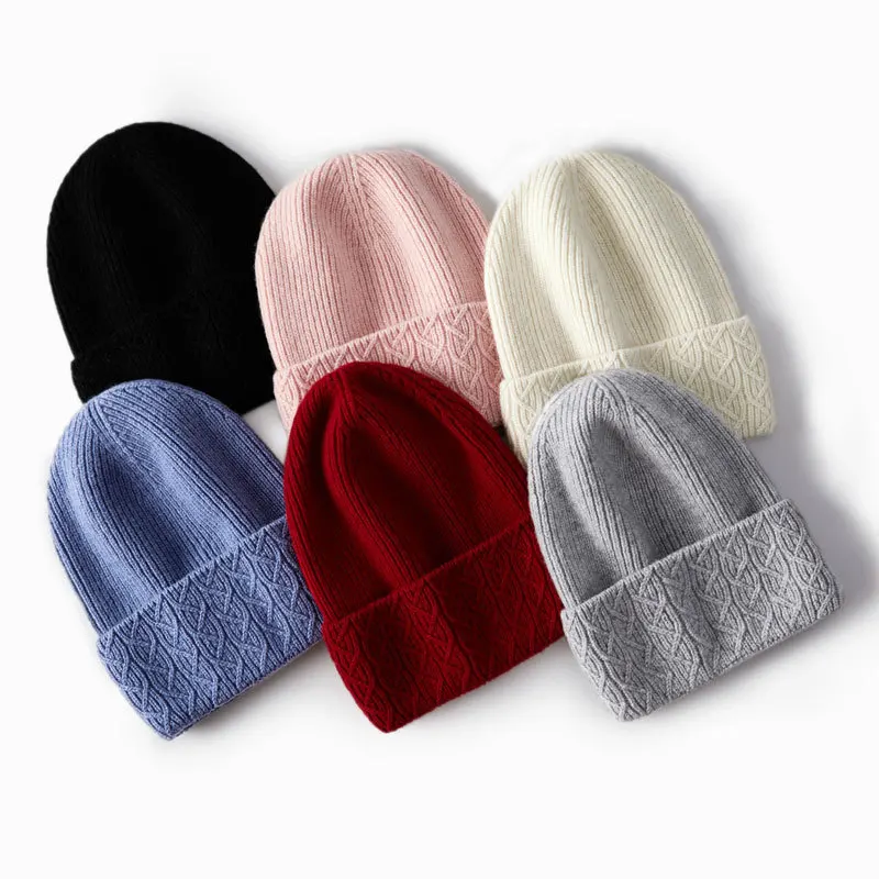 

2023 Autumn Winter Warm Pure Wool Beanies Women Warm Twisted Knitted Hat