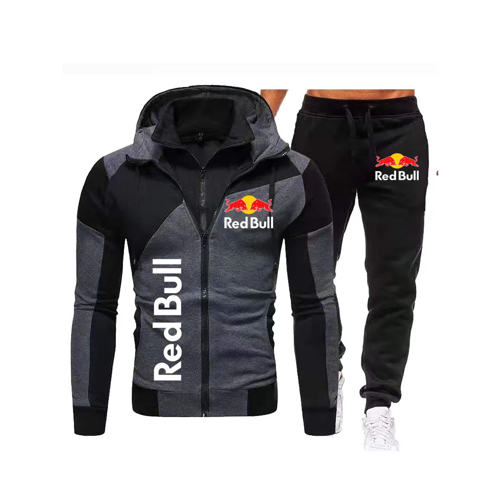 Ensemble à capuche pour hommes, cardigan à capuche avec fermeture éclair double couche, imprimé Red Bull, couleur bloquée